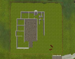 Luftfoto af Falstergården under opførelse i Second Life