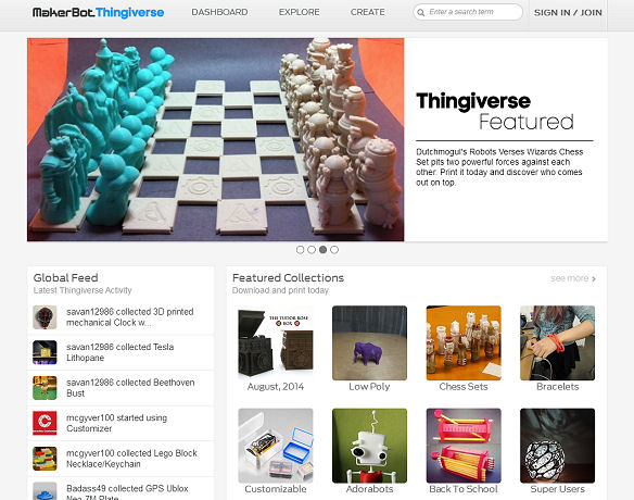Screendump af 3D-delingssiten "Thingiverse"